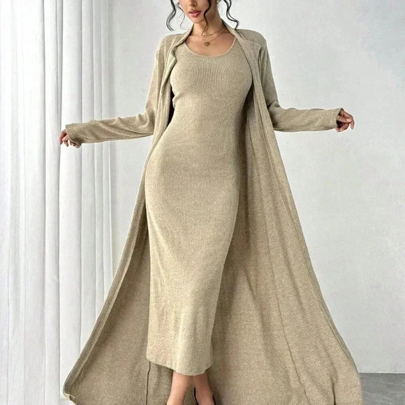 Khaki Casual Women's Plush Long Skirt & Cardigan Two-Piece Set - Picture 5 of 5